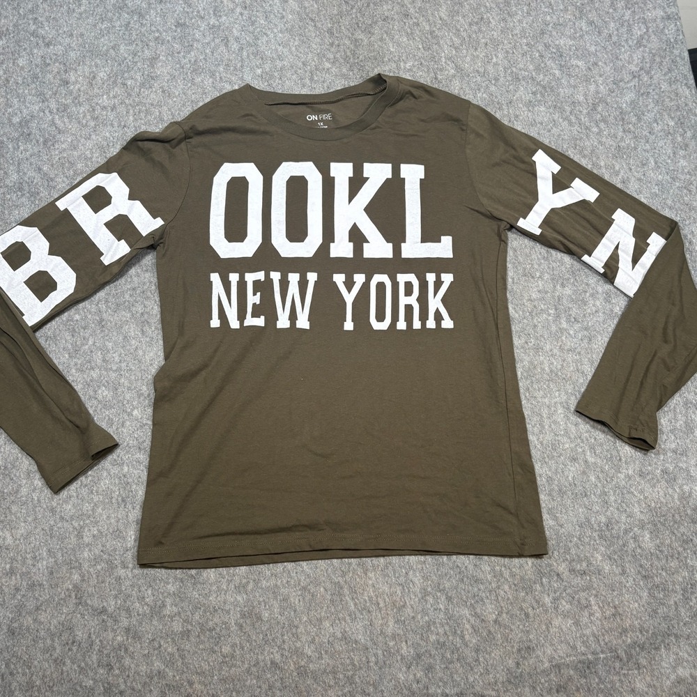 On Fire Pullover Shirt Men's Size 1X Olive Green Brooklyn New York  Long Sleeves